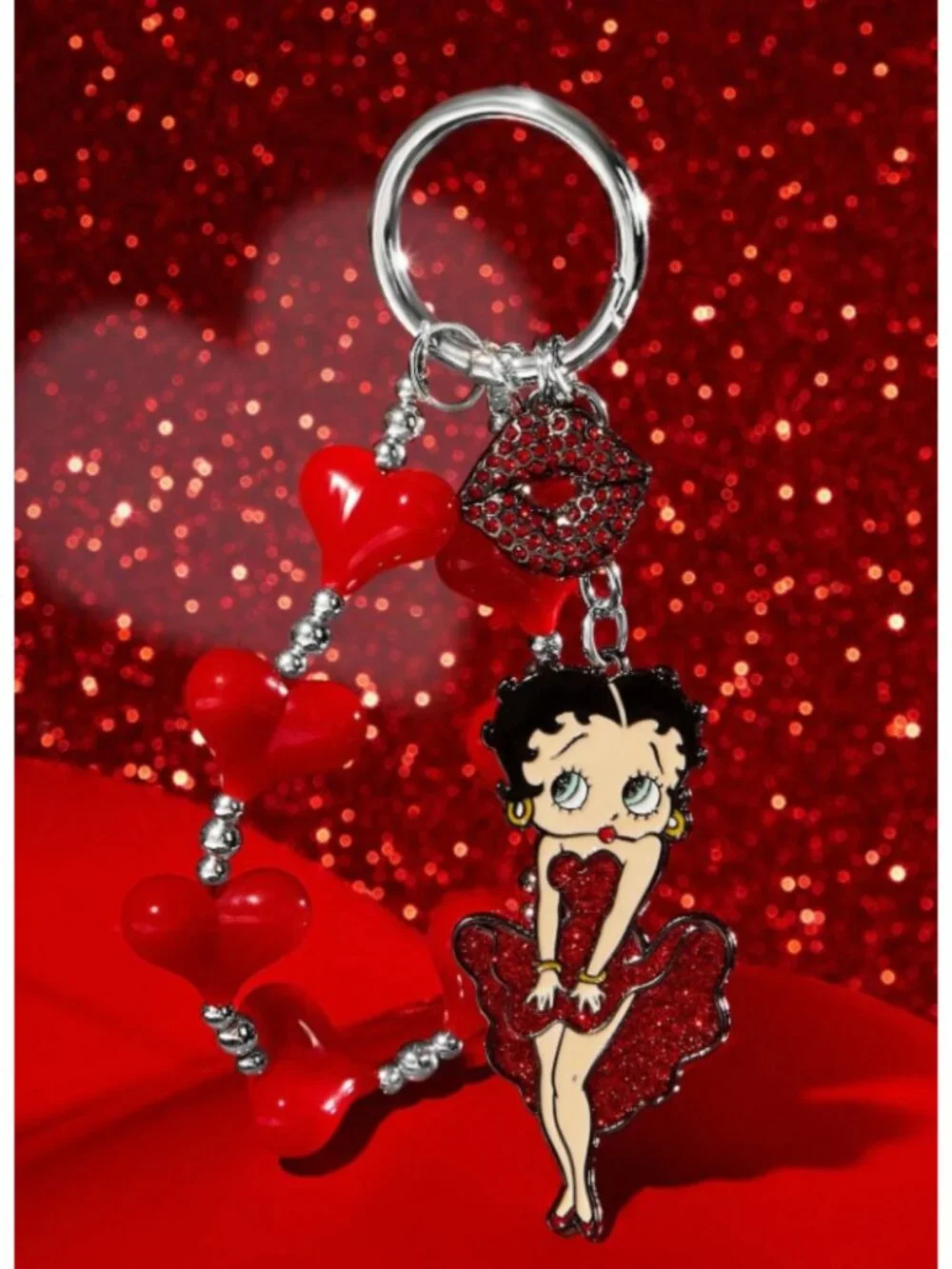 Betty Boop Rhinestone Heart Beaded Keychain Purse Charm Red Lip Bag Accessory